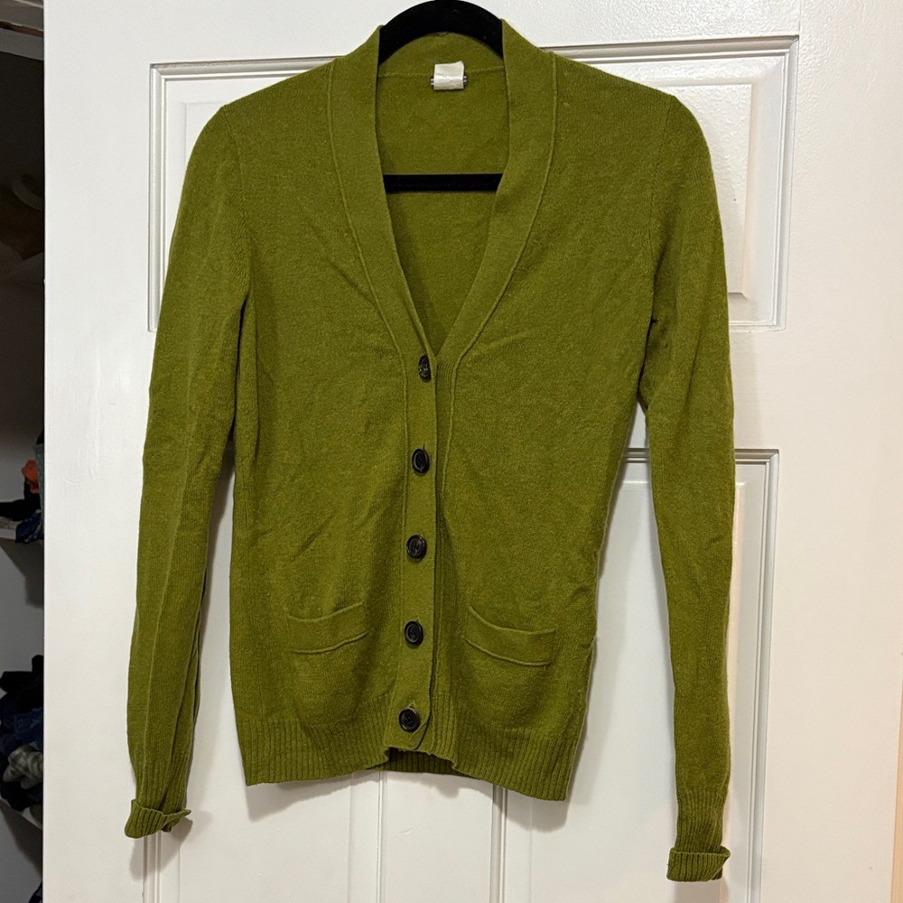 J. Crew Women’s 100% Cashmere Button-Up Cardigan – Olive Green, Size Small